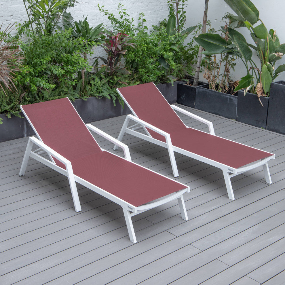 LeisureMod Marlin Patio Chaise Lounge Chair White Arms Set of 2, Burgundy