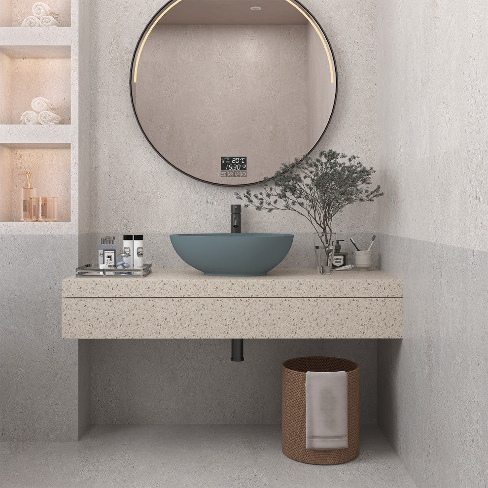 21in Bathroom Egg-shaped Concrete Vessel Sink With Drainer, Blue Ashes