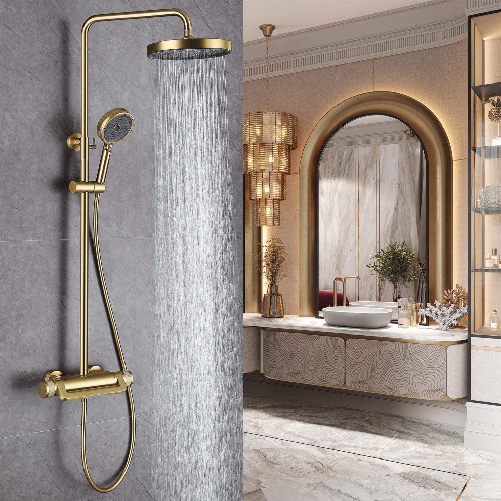 Thermostatic Wall Mounted Shower System with Multi-Function Hand Shower, Brushed Gold