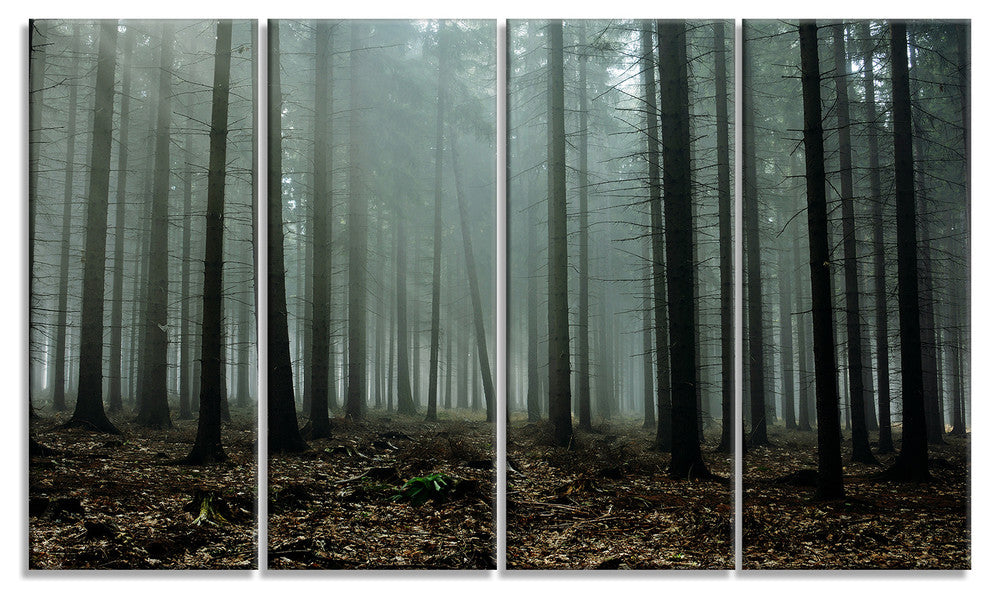 Gloomy Sunrays in Dark Forest, Landscape Canvas Art Print, 48"x28", 4 Panels