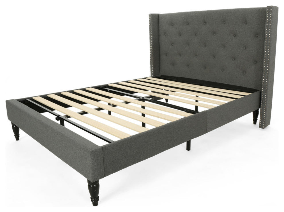 GDF Studio Ray Traditional Fully-Upholstered Queen-Size Bed Frame, Charcoal Gray