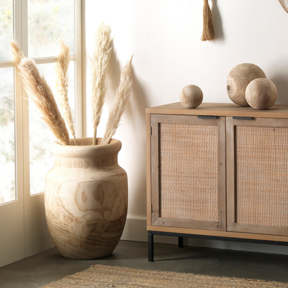 Rustic Oversize 22" Turned Wood Urn Floor Vase Raw Grain Carved Wide Mouth