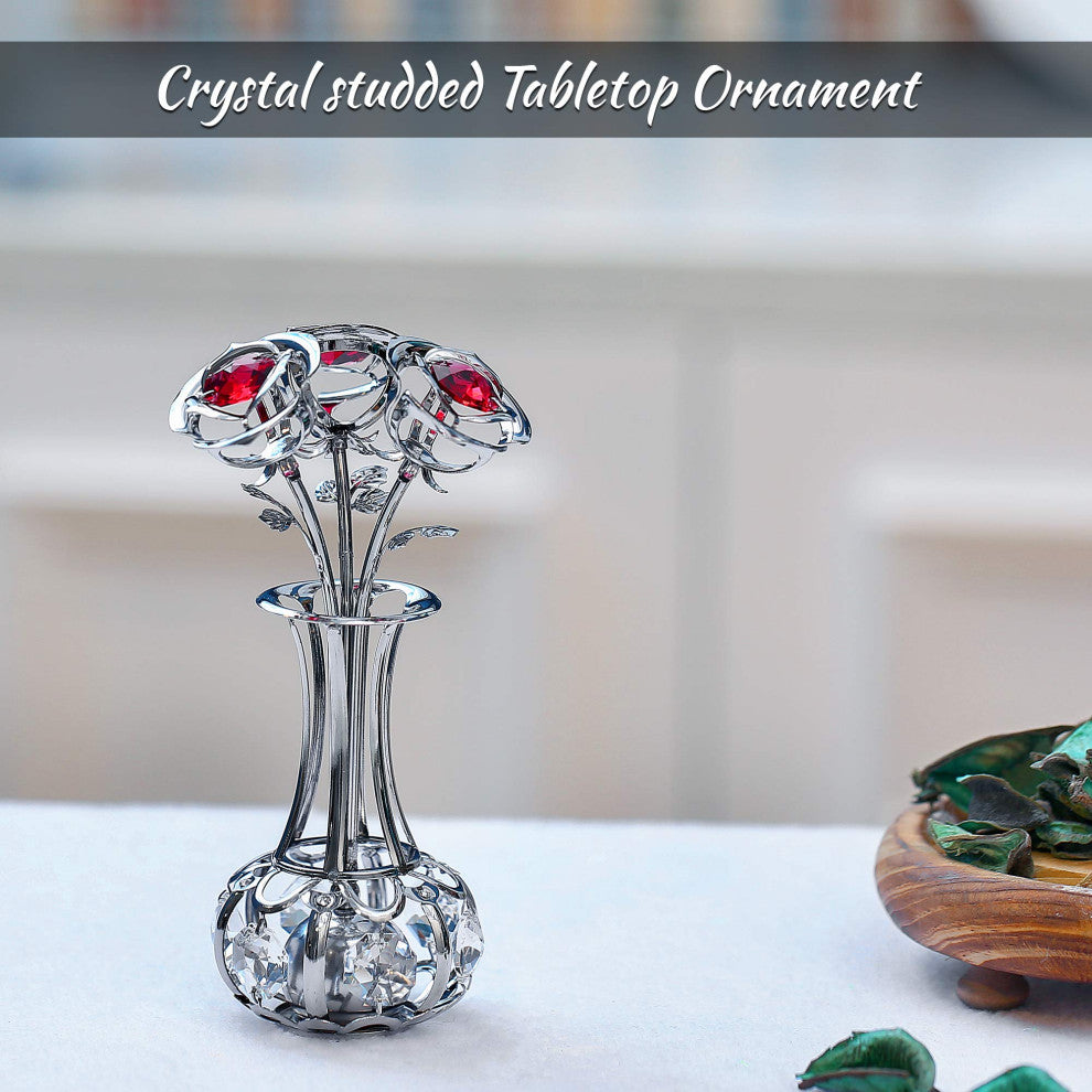 Chrome Plated Flowers Bouquet and Vase With Red and Clear Crystals Home Decor