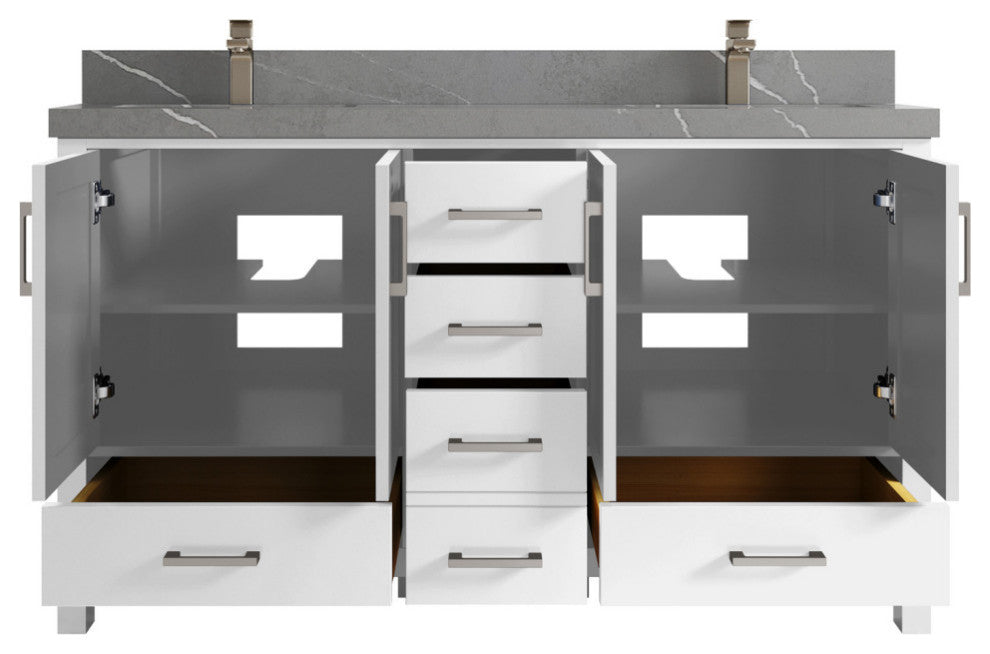 Malibu 60 Double Sink Bathroom Vanity in White  2" Piatra Gray