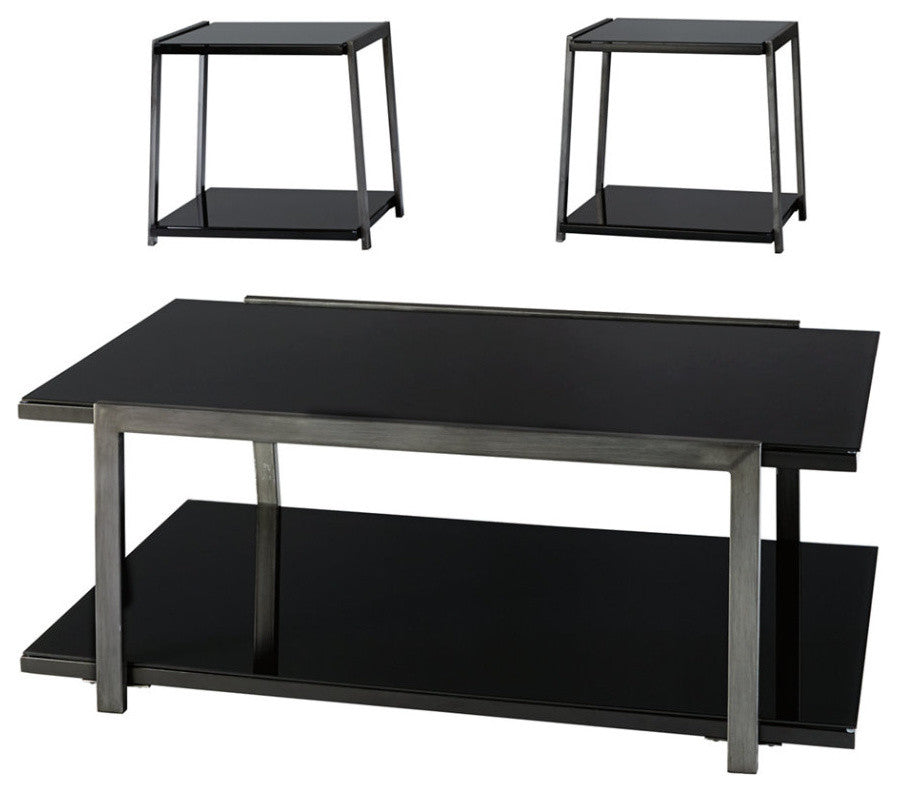 Benzara BM190125 Metal Framed Table Set Glass Top & Lower Shelf, Set of 3, Black
