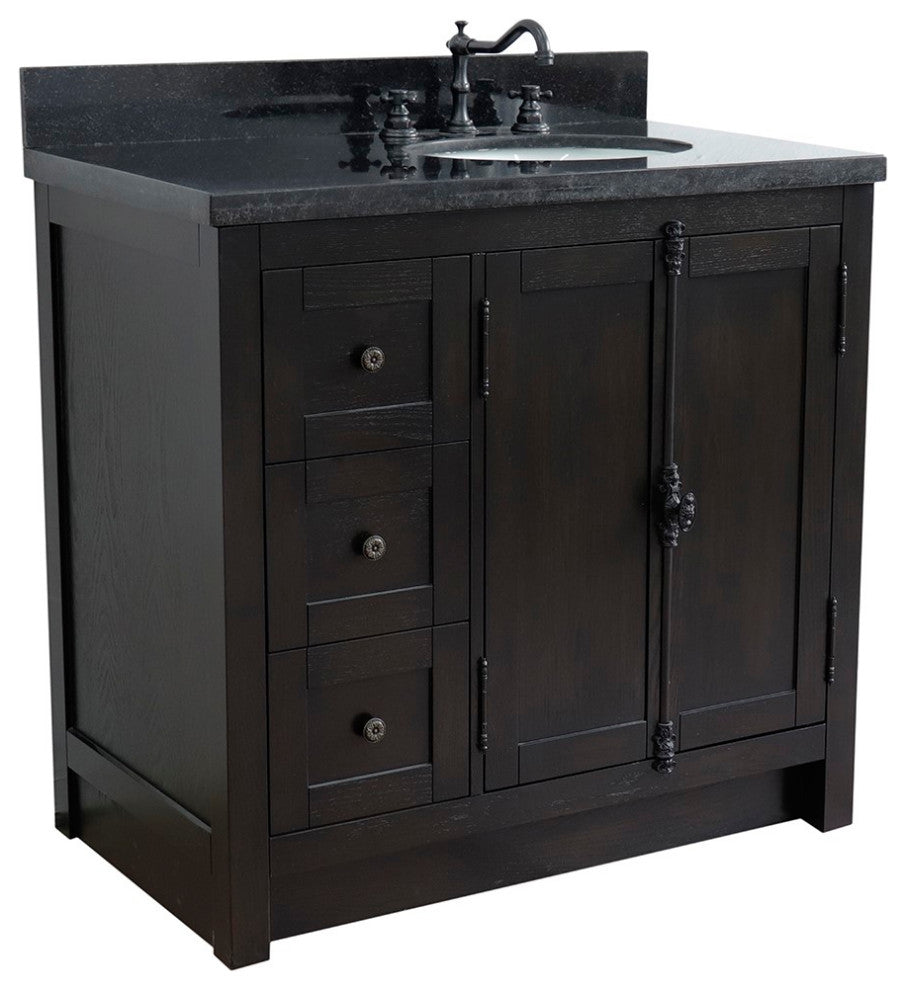 37" Single Vanity, Brown Ash With Black Galaxy Top, Right Doors/Right Oval Sink