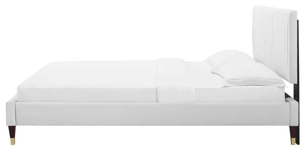 Platform Bed Frame, Full Size, Velvet, White, Modern Contemporary, Bedroom