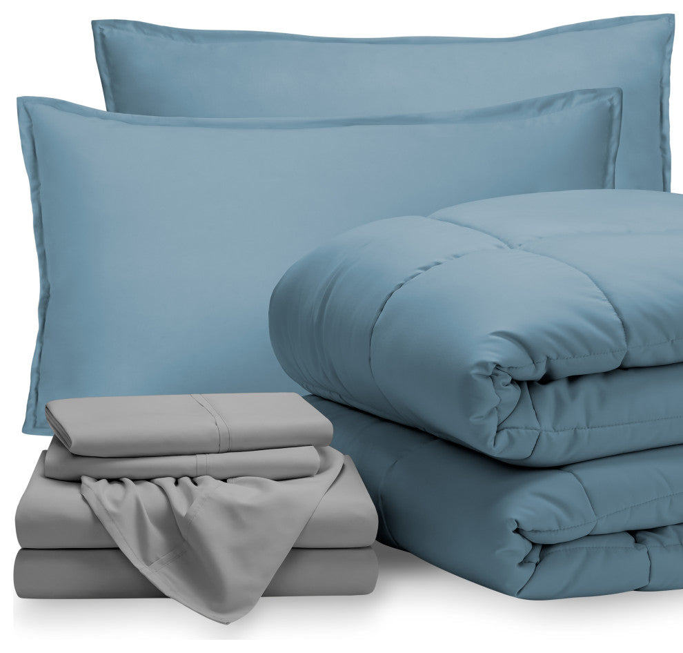 Bare Home 7-Piece Queen, King & Cal King Bed-in-a-Bag, Coronet Blue, Light Gray,