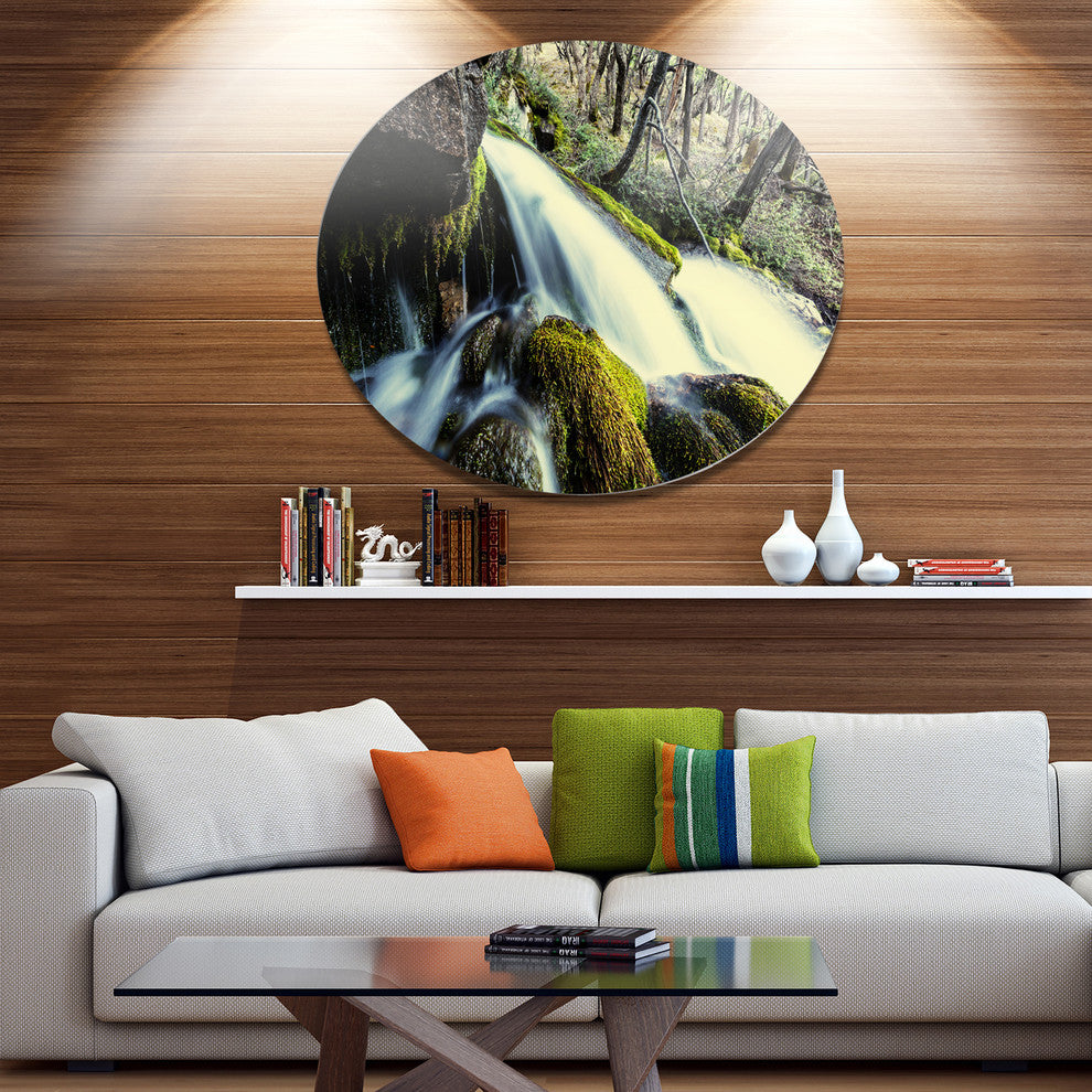 Waterfall In Forest On Rocks, Seashore Round Metal Wall Art, 36"