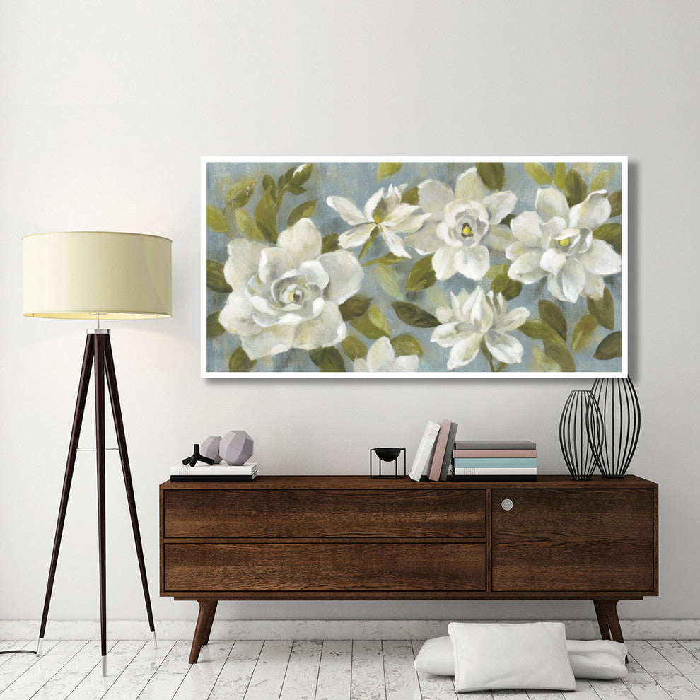 "Gardenias on Slate Blue Crop" Digital Paper Print by Silvia Vassileva, 74"x38"