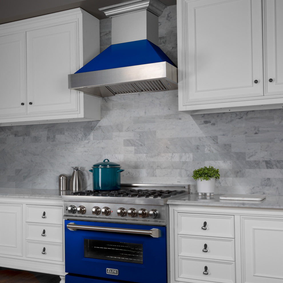 36" DuraSnow Stainless Steel Range Hood With Blue Gloss Shell, 8654BG-36