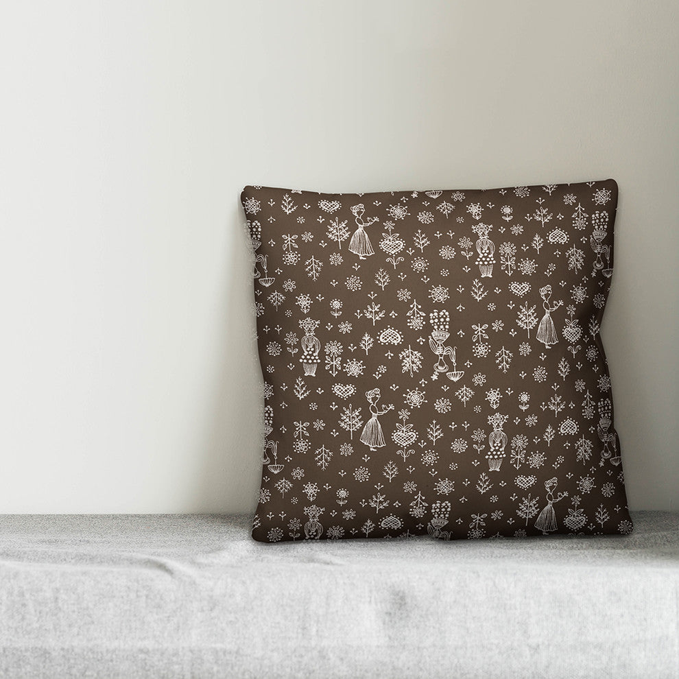 Whimsical Women, Brown Throw Pillow Cover, 18"x18"