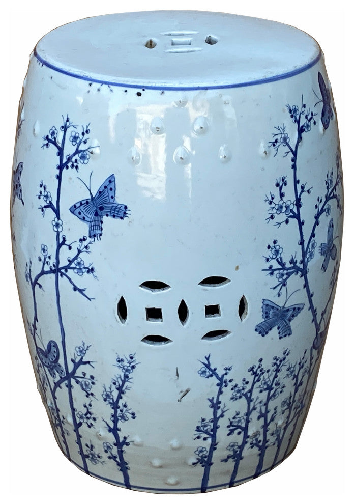 Chinese Blue & White Porcelain Round Flower Butterflies Table Stool Hcs7003