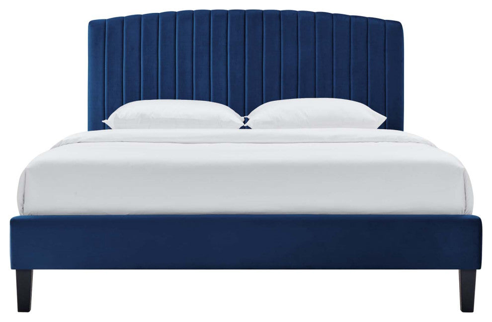 Platform Bed Frame, King Size, Blue Navy, Velvet, Modern, Bedroom Guest Suite