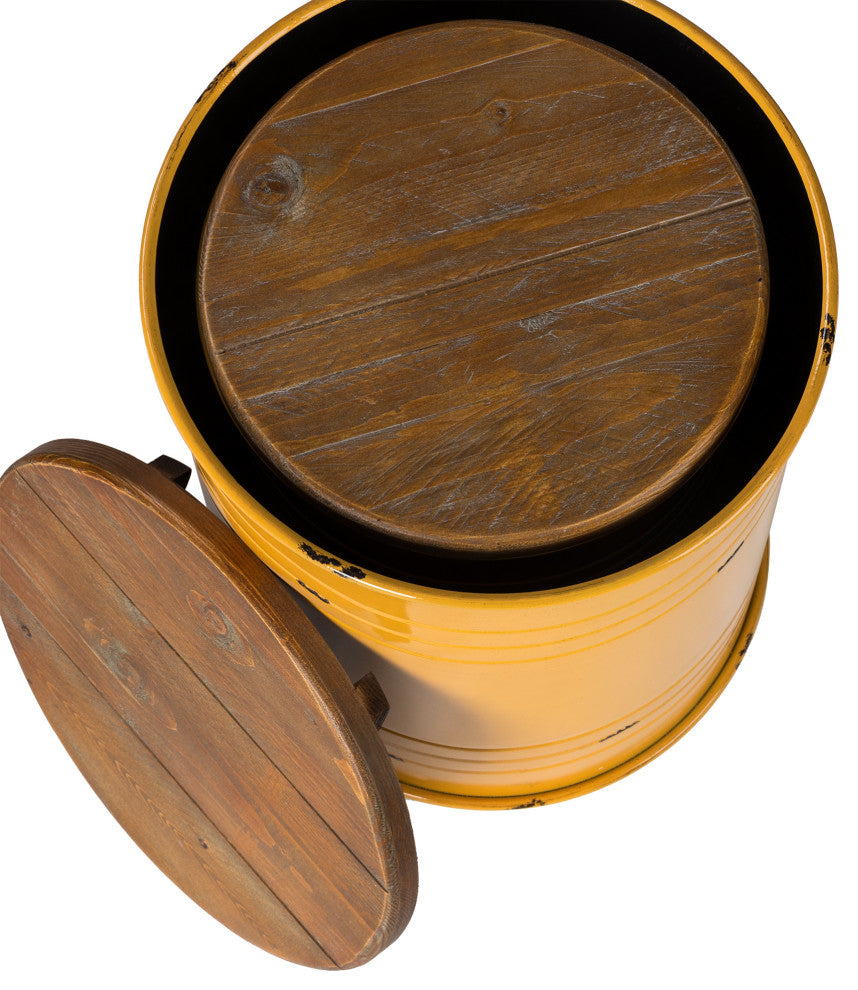 Farmhouse Metal With Solid Wood Seat Storage Stool, Set of 2, Yellow