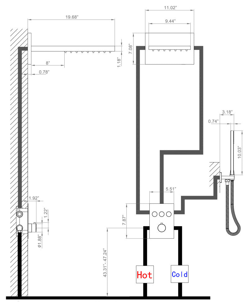 Luxury Thermostatic Shower System with Rough-in Valve & Waterfall Showerhead, Br