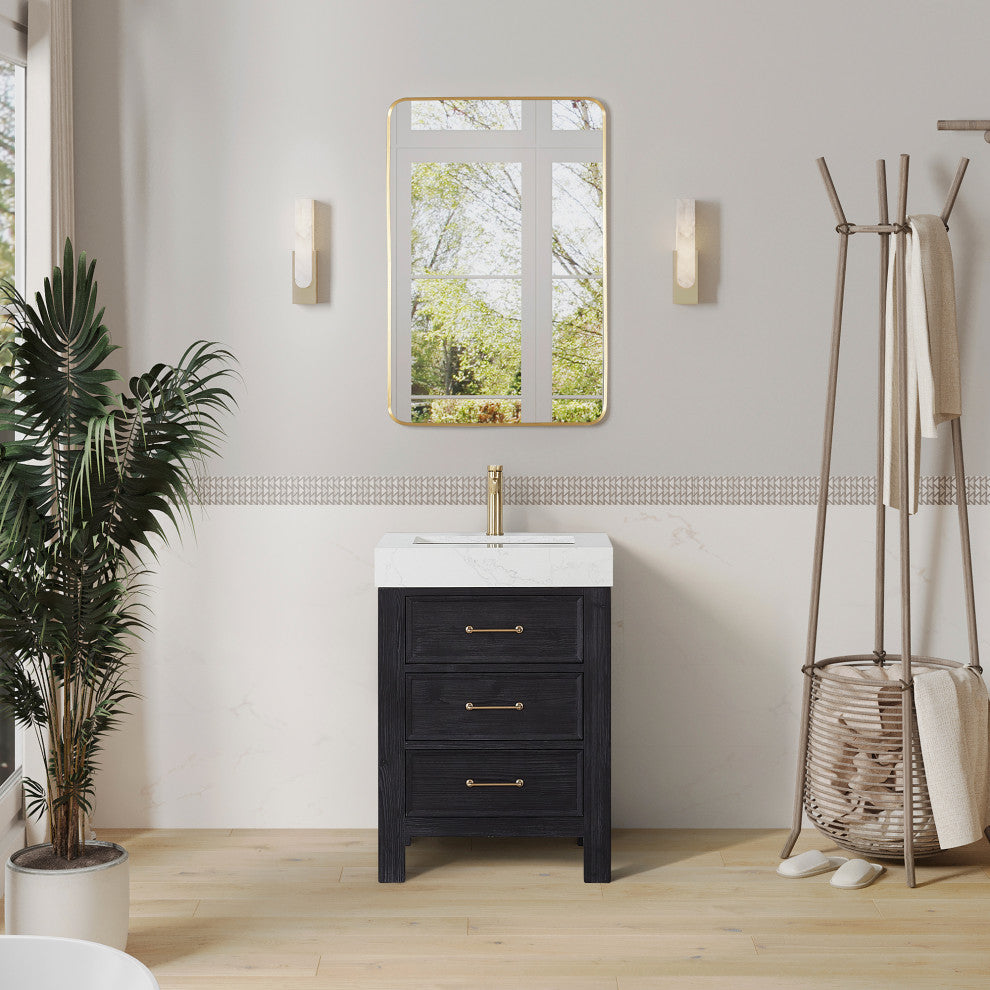 Leon Bath Vanity With Composite Stone Top, Fir Wood Black, 24", With Mirror