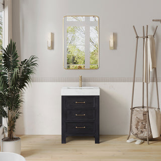 Leon Bath Vanity With Composite Stone Top, Fir Wood Black, 24", With Mirror