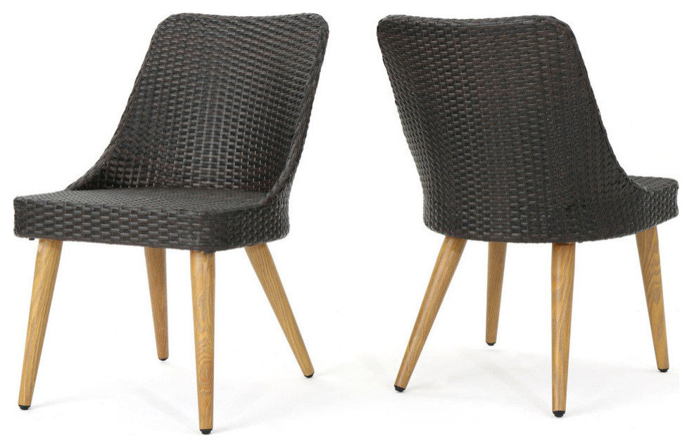 GDF Studio Desmond Outdoor Wicker Dining Chairs With Wood Metal Legs, Set of 2