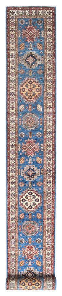 Denim Blue Afghan Super Kazak Natural Wool Hand Knotted XL Runner Rug 2'6"x33'5"
