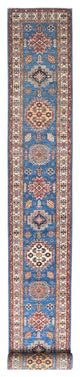 Denim Blue Afghan Super Kazak Natural Wool Hand Knotted XL Runner Rug 2'6"x33'5"