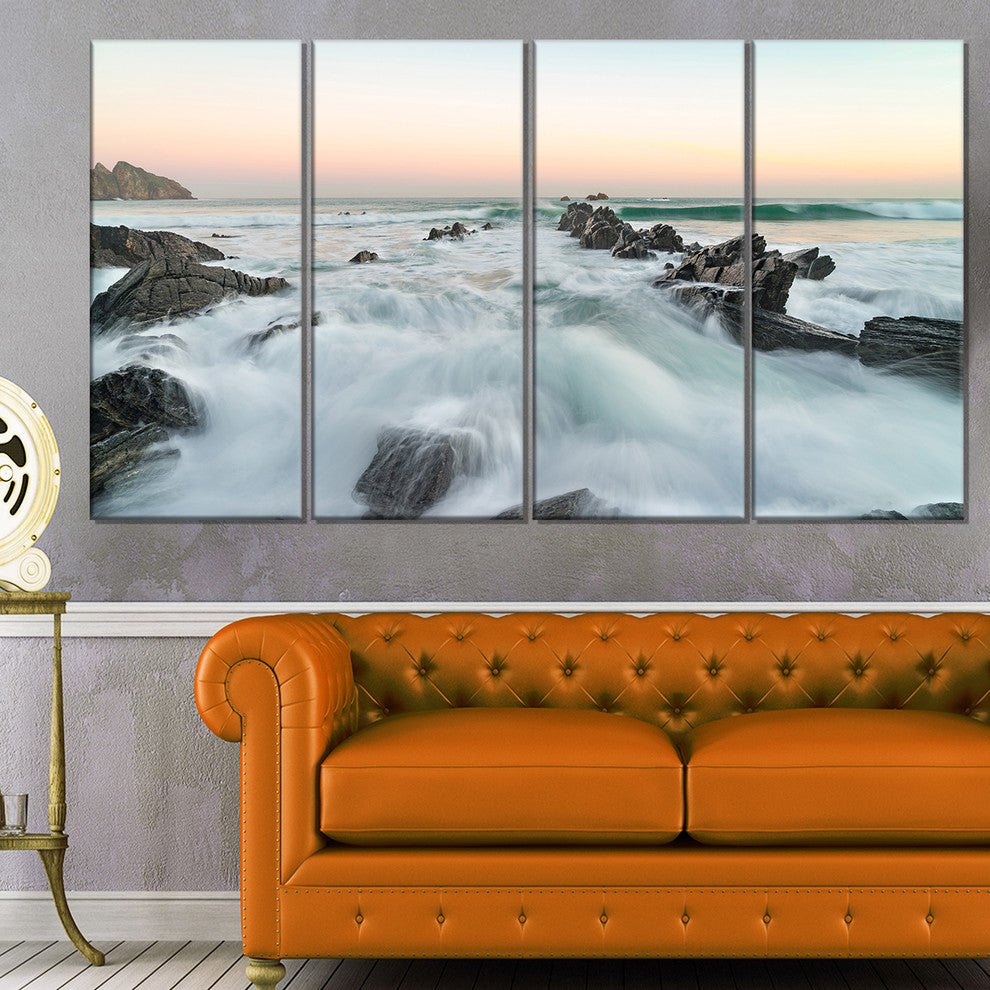 "Bay of Biscay Sunrise Waves" Extra Large Wall Art Landscape, 4 Panels, 48"x28"