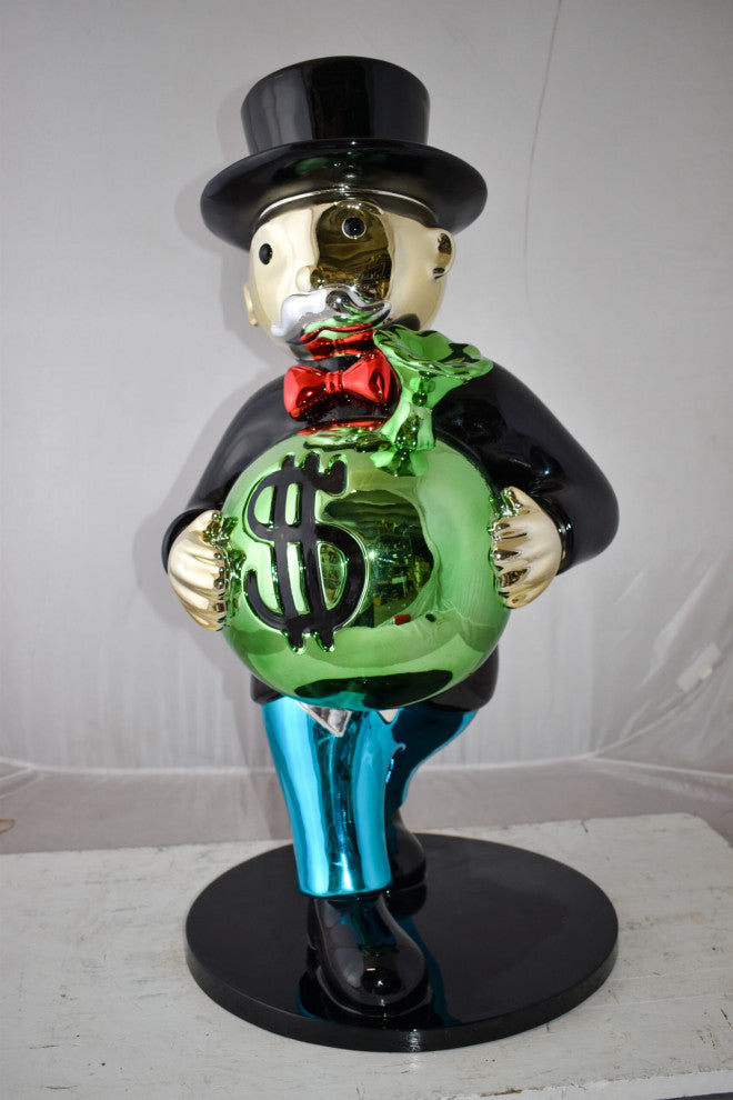 Casual Monopoly Man Holding Money Bag Resin Statue Large Size: 16" x 16" x 32"