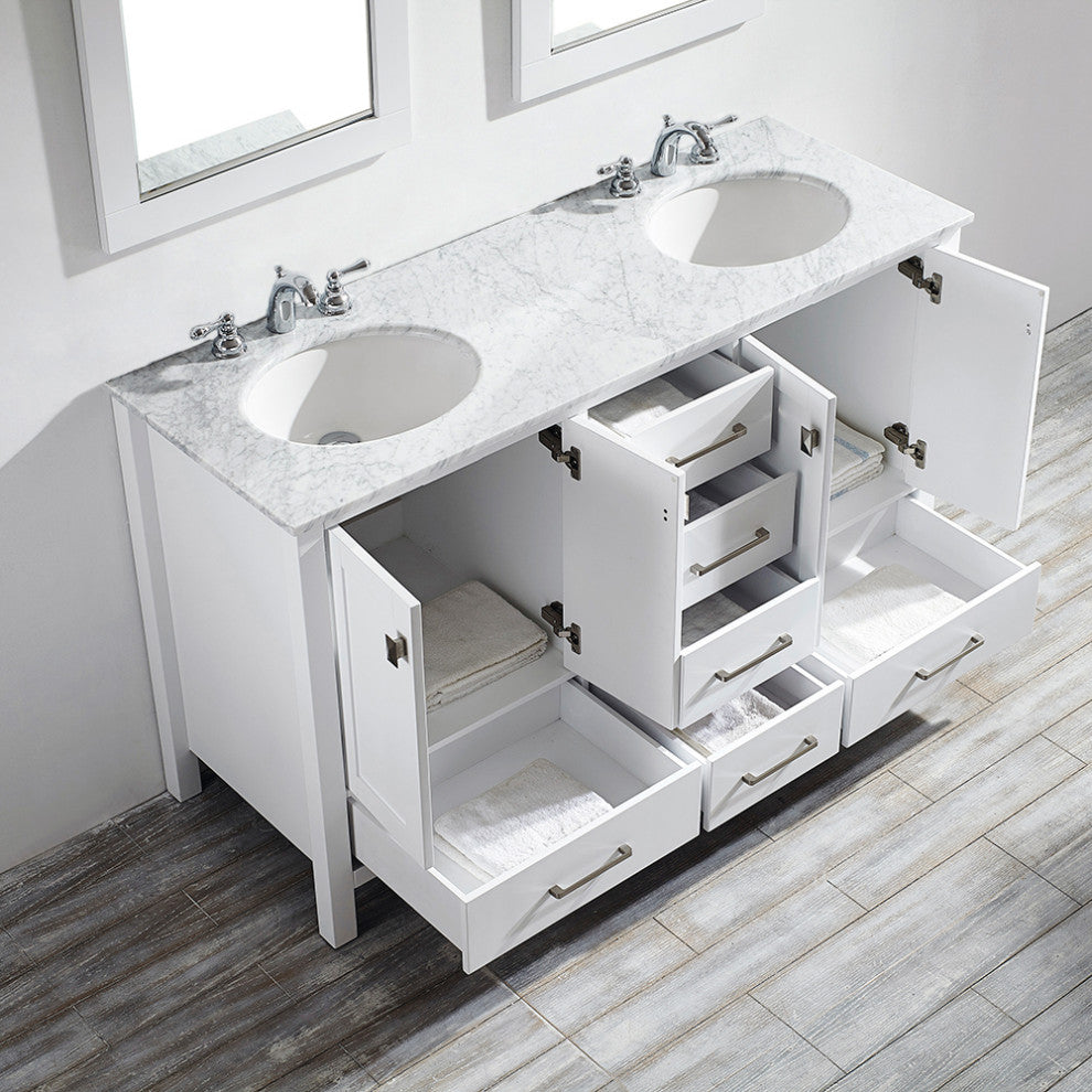 Gela 60" Double Vanity in White with Carrara White Marble Countertop With Mirror