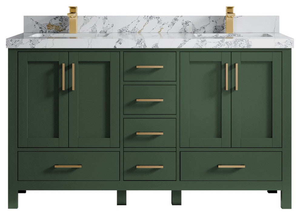 Malibu 60 Double Sink Vanity in Lafayette Green 2" Calacatta Poanazzo