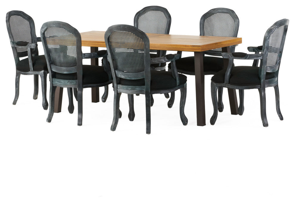 Aldrich Farmhouse Fabric Upholstered Wood and Cane 7 Piece Dining Set, Black + Gray + Rustic Metal + Natural Stained