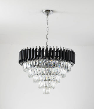 Round Black and Chrome Frame Chandelier With Clear Hanging Crystals