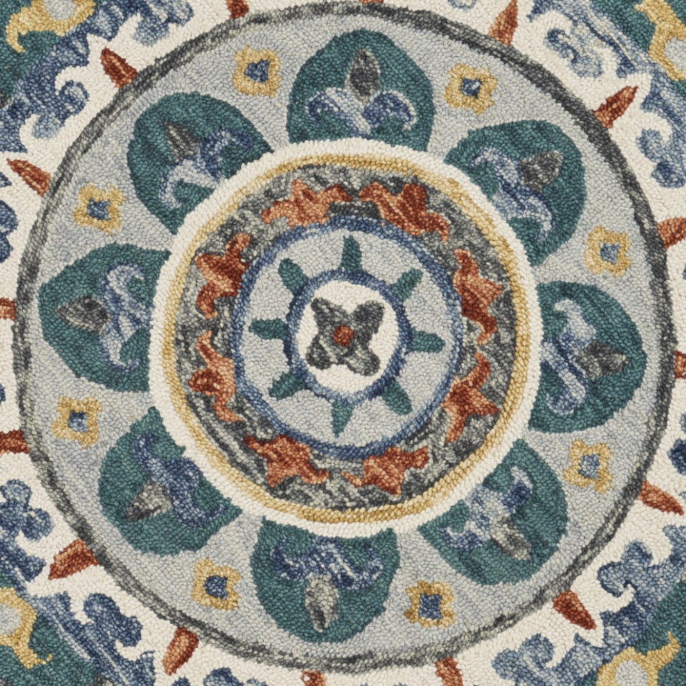 4" Round Teal Decorative Floral Area Rug