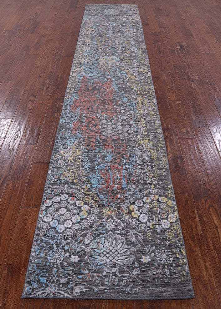 2' 7" X 14' 0" Runner Modern Handmade Wool and Silk Rug Q9267