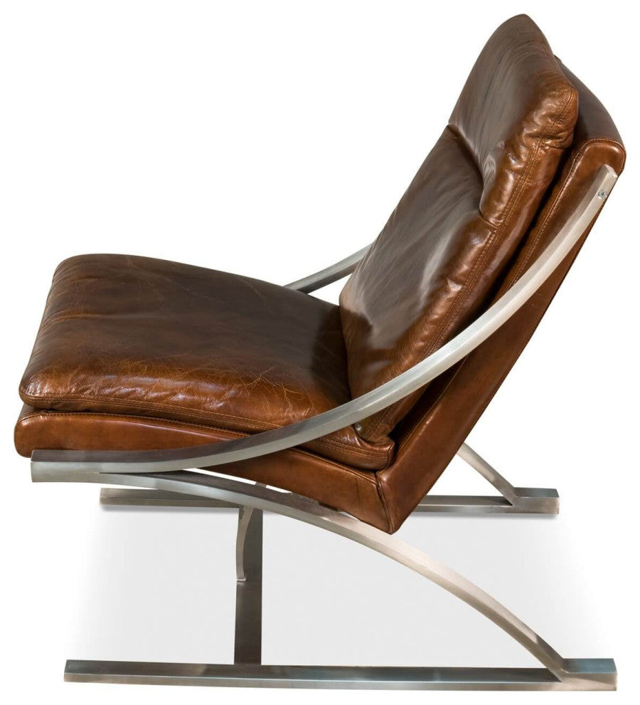Modern Stainless Steel and Brown Leather Chair