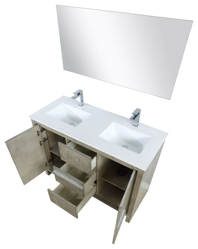Lafarre 48 Rustic DB Vanity, Quartz Top, Sink, Rose Gold Faucet Set, 43 Mirror