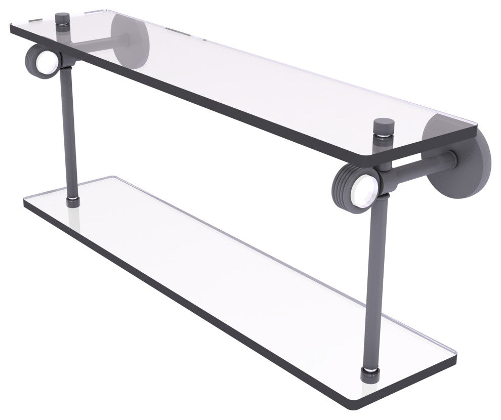 Clearview 22" Two Tiered Glass Shelf with Groovy Accents, Matte Gray