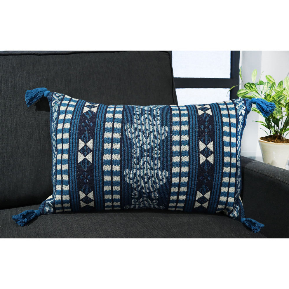 Blue Machine Woven with Tassels Derbigny Throw Pillow, 16" x 26"
