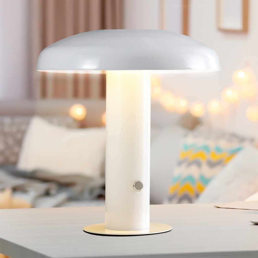 Suillius 11" Rechargeable/Cordless Iron Integrated Mushroom Table Lamp, White