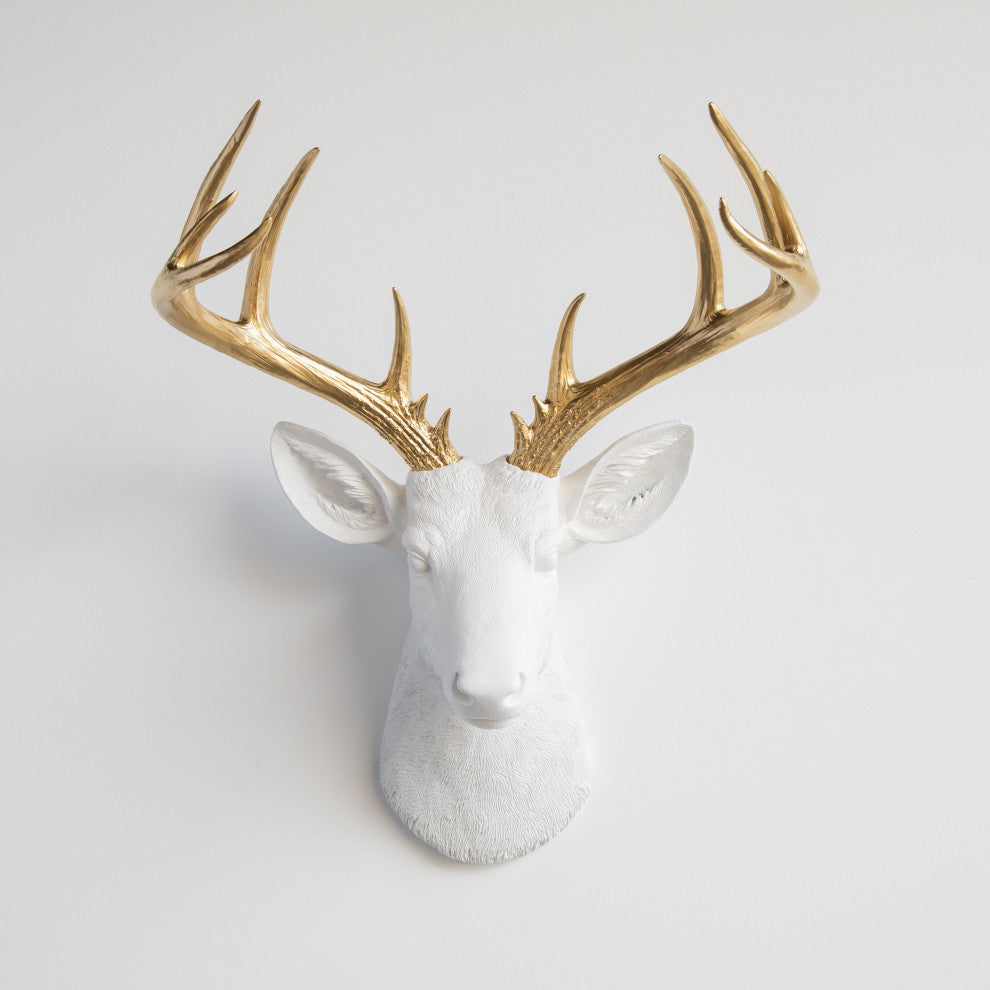 Faux Deer Head Wall Mount - 14 Point Stag Head Antlers, White and Gold
