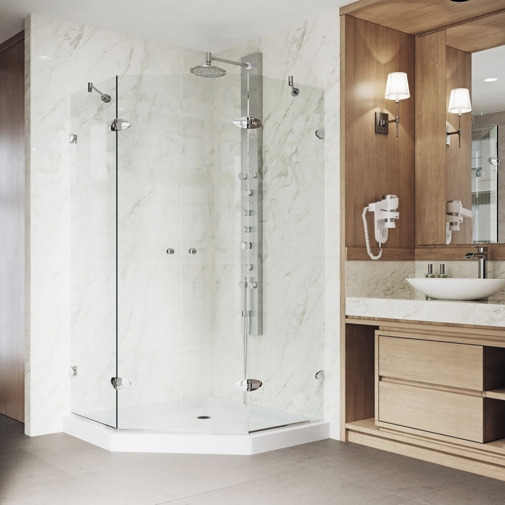 VIGO Gemini Frameless Hinged Neo-Angle Shower Enclosure, Chrome, 42" D X 42" W, Low Base