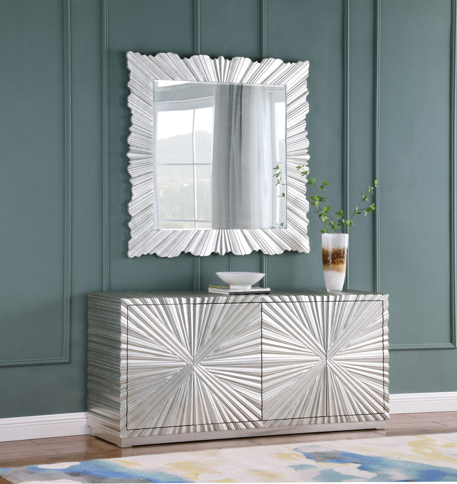 Hand Carved Starburst Designed Mirror, Silver Leaf