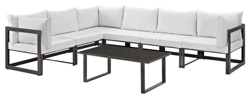Modern Urban Contemporary Outdoor Patio Sectional Sofa Set, Brown White Fabric