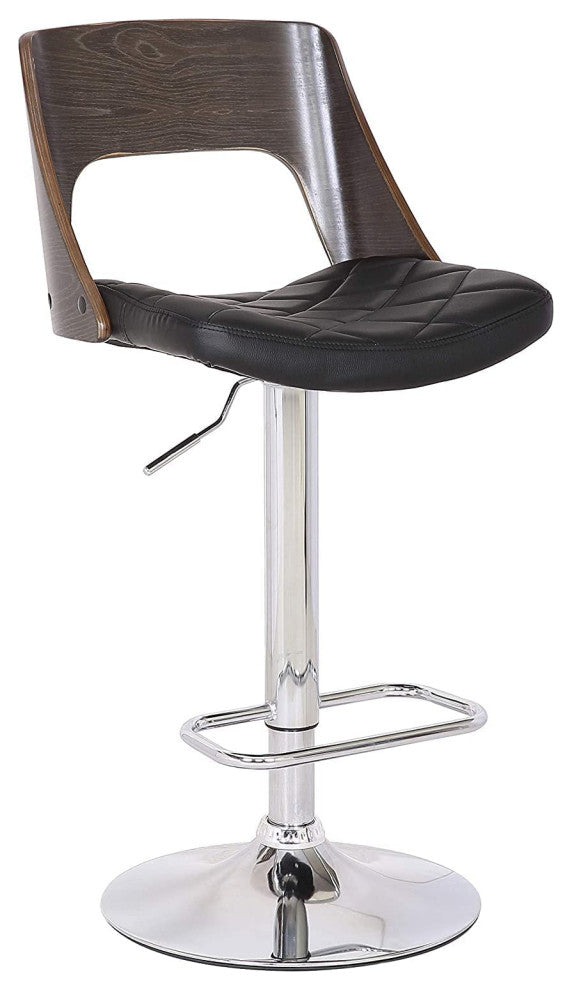 Elegant Bar Stool, Diamond Tufted Faux Leather Seat With Open Weathered Oak Back