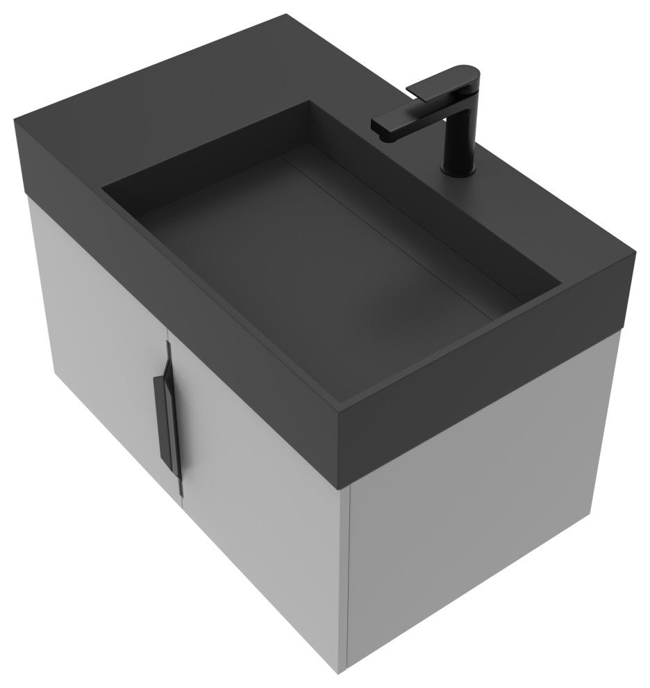 CastelloUSA Amazon 30" Right Wall Mounted Bathroom Vanity Set, Gray, Black Top, Black Handles