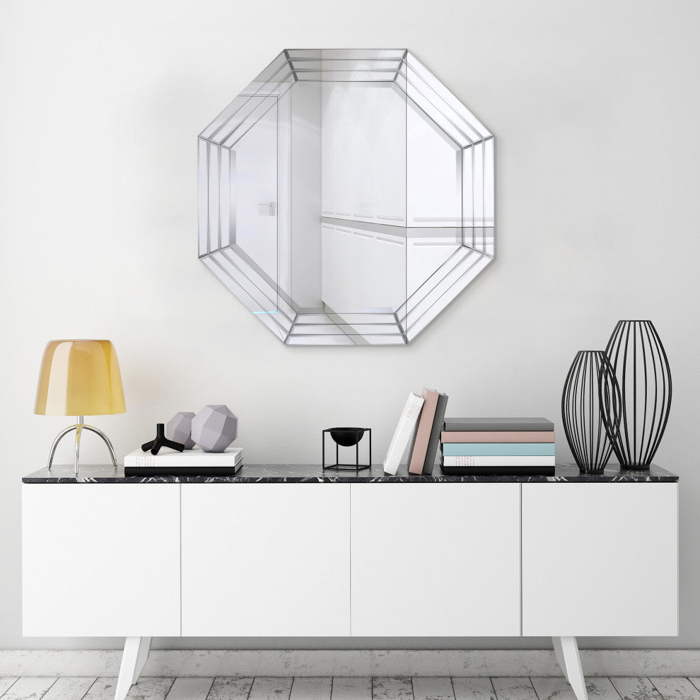Beveled Multi Faceted Octagons Wall Mirror, 1" Beveled Center, Wood Frame