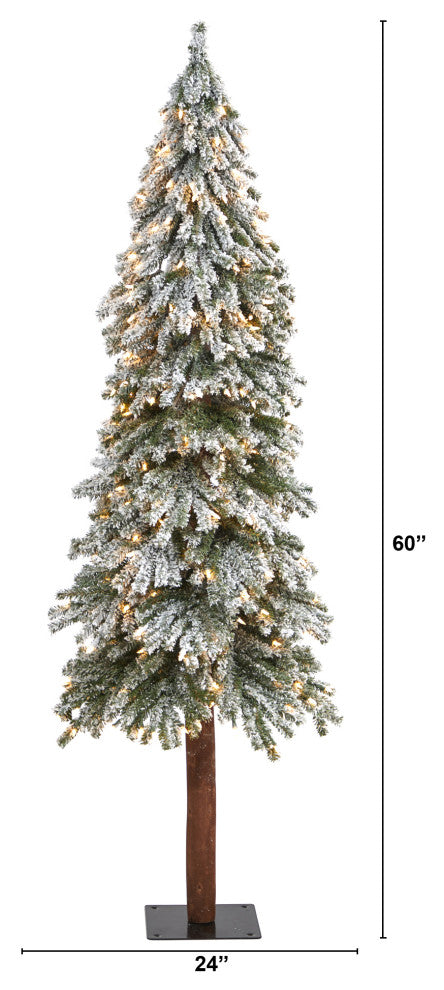6' Flocked Grand Alpine Faux Xmas Tree W/Lights & Natural Trunk