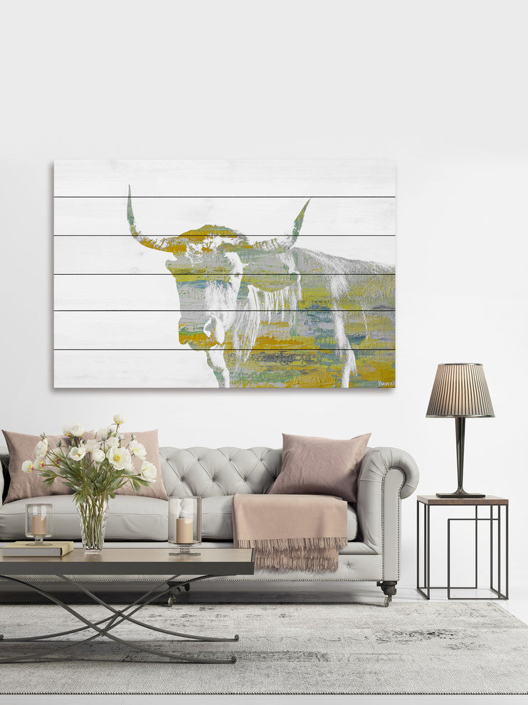"Yellow Steer" Painting Print on White Wood, 18"x12"