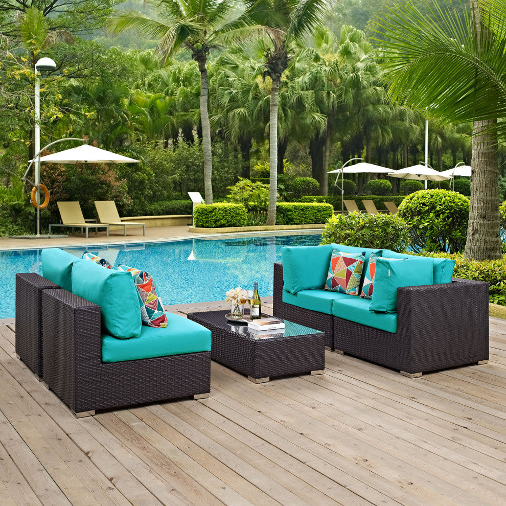 Convene 5 Piece Outdoor Patio Sectional Set-Espresso Turquoise