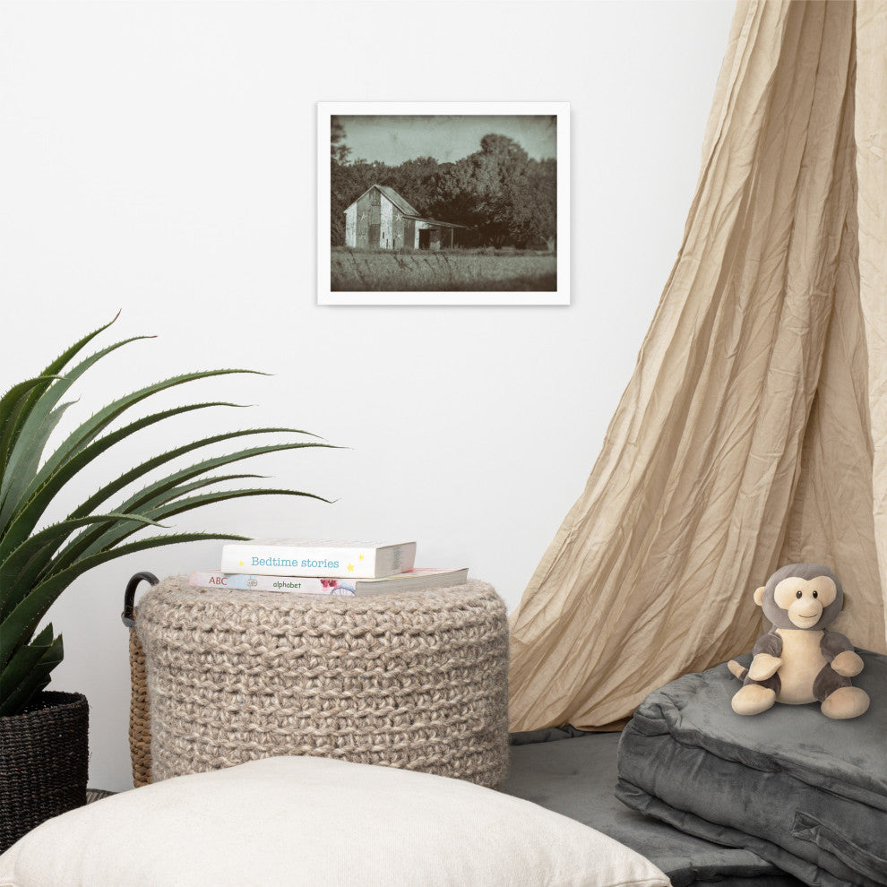 Patriotic Barn in Field Vintage Black and White Framed Photo Wall Art Print, White, 11" X 14"