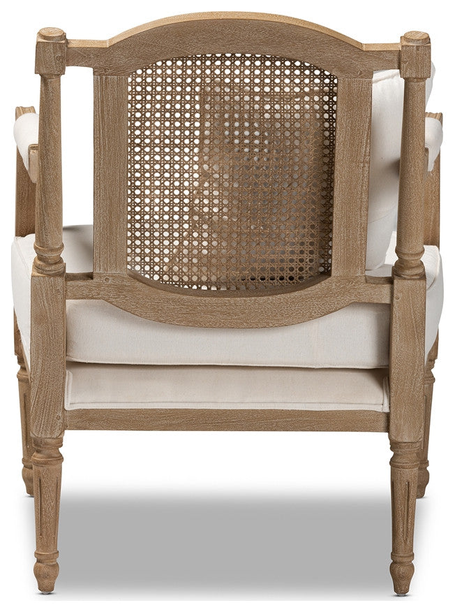 French Provincial Ivory Fabric Upholstered Whitewashed Wood Armchair